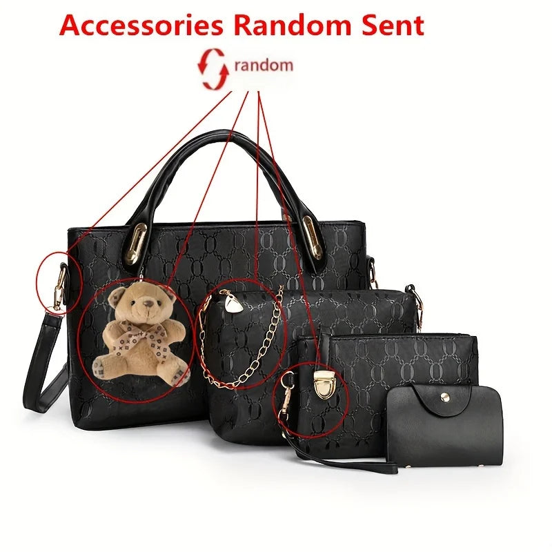 4PCS Geometric Tote Bag Set - Handbag, Crossbody, Clutch & Card