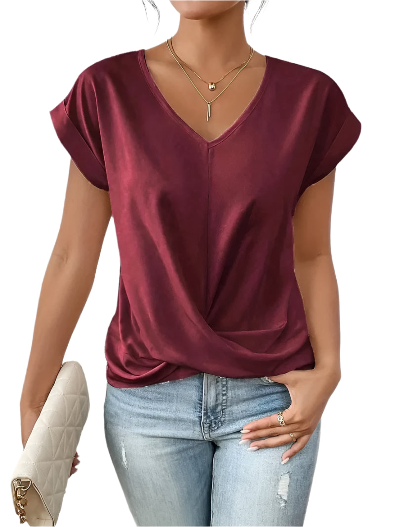 Fashion Pleated Hem V-Neck Tee – Women’s Summer Casual Office Top