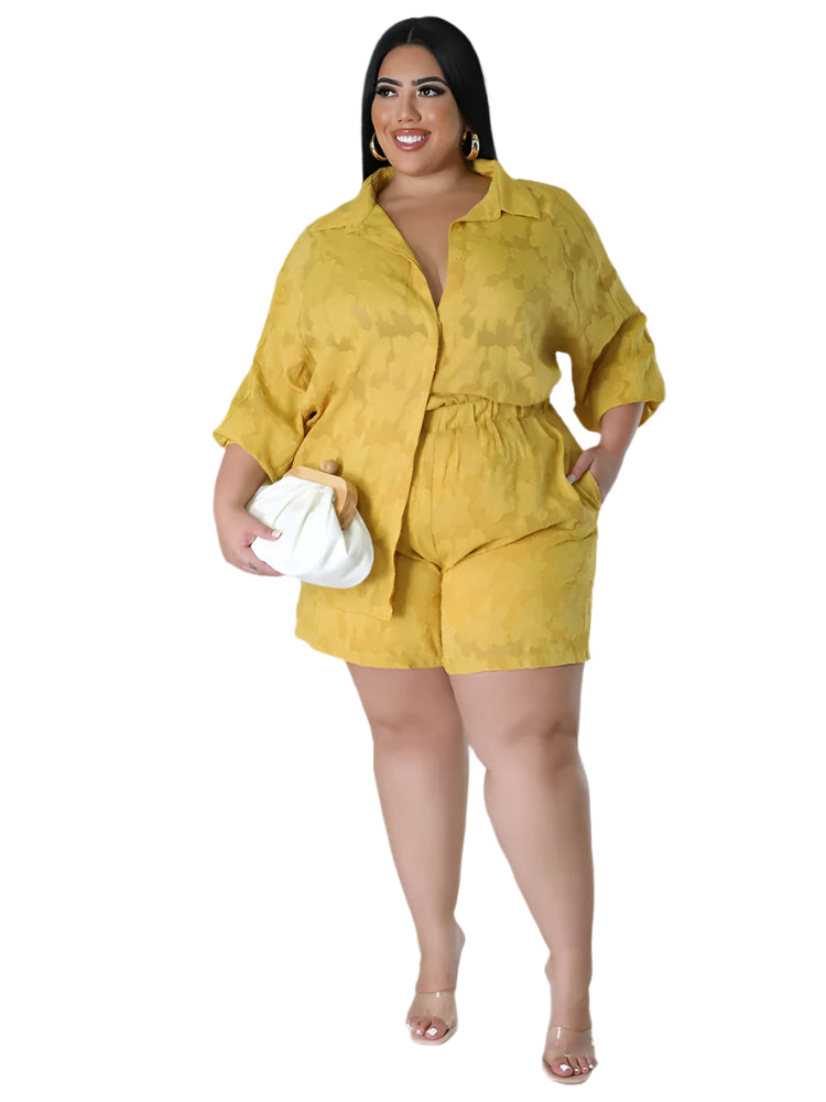 Plus Size Women's 2PC Set - Loose Shirt Top & Shorts Summer Outfits