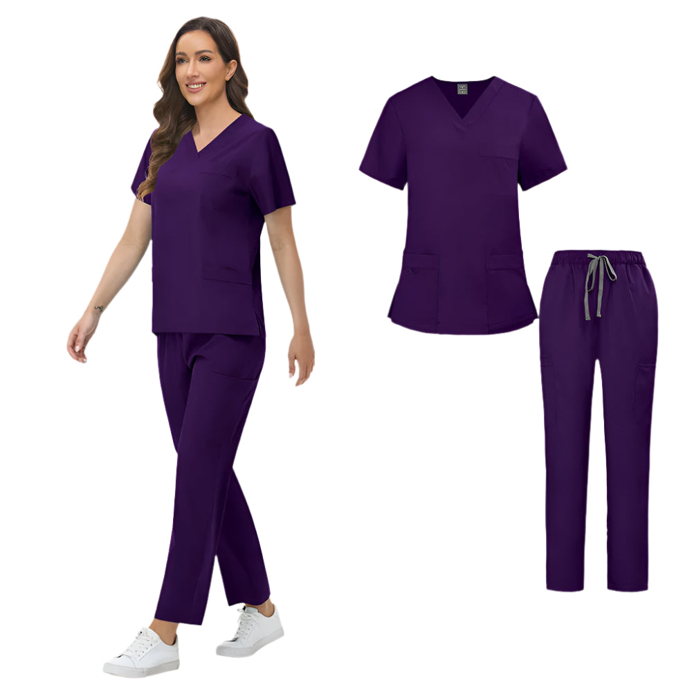 Unisex Medical Scrubs Set: Short Sleeve V-Neck Top & Pants Workwear