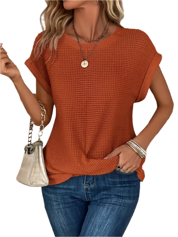 Elegant Solid Knit T-Shirt – Women’s Short Sleeve Spring Tee