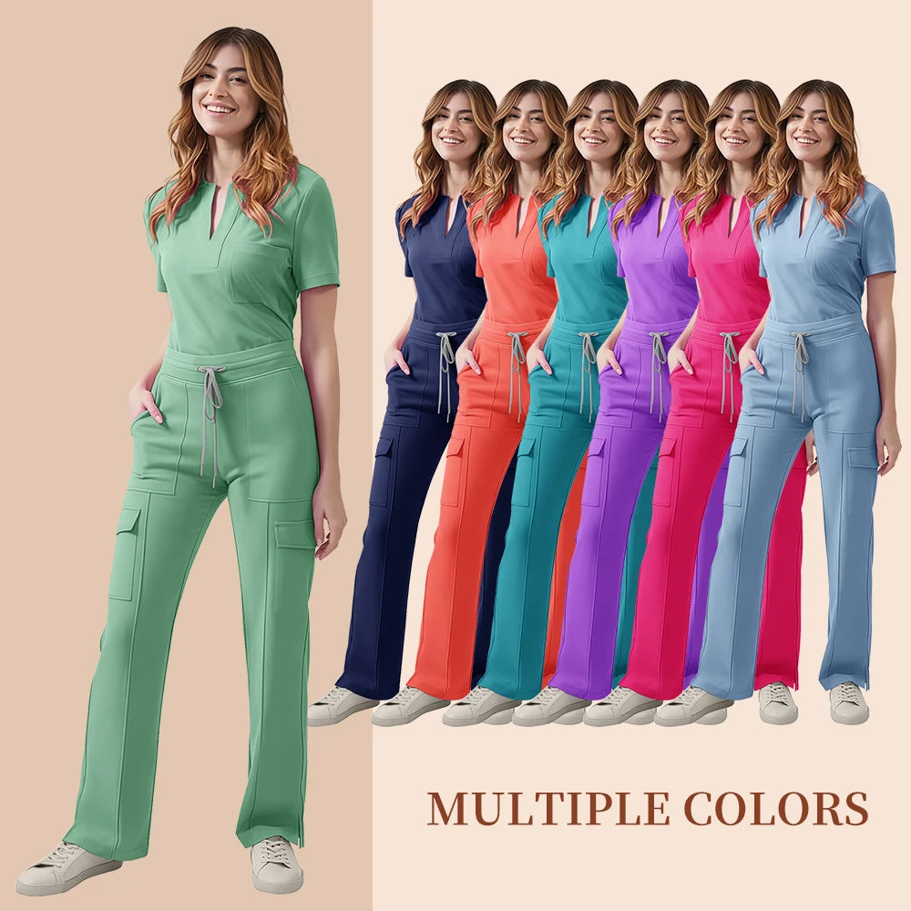 Women's Medical Scrubs Uniform Set - Pocket Top & Pants for Work