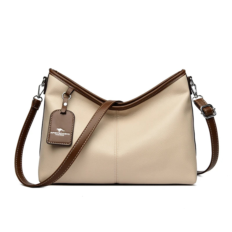 Soft PU Leather Shoulder Bag - Color Contrast Crossbody Tote for Women