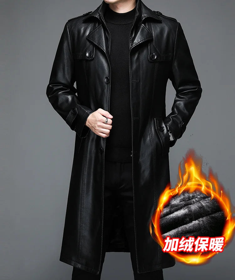Men’s Long Leather Winter Coat – Warm Plush Lined Casual Trench Jacket