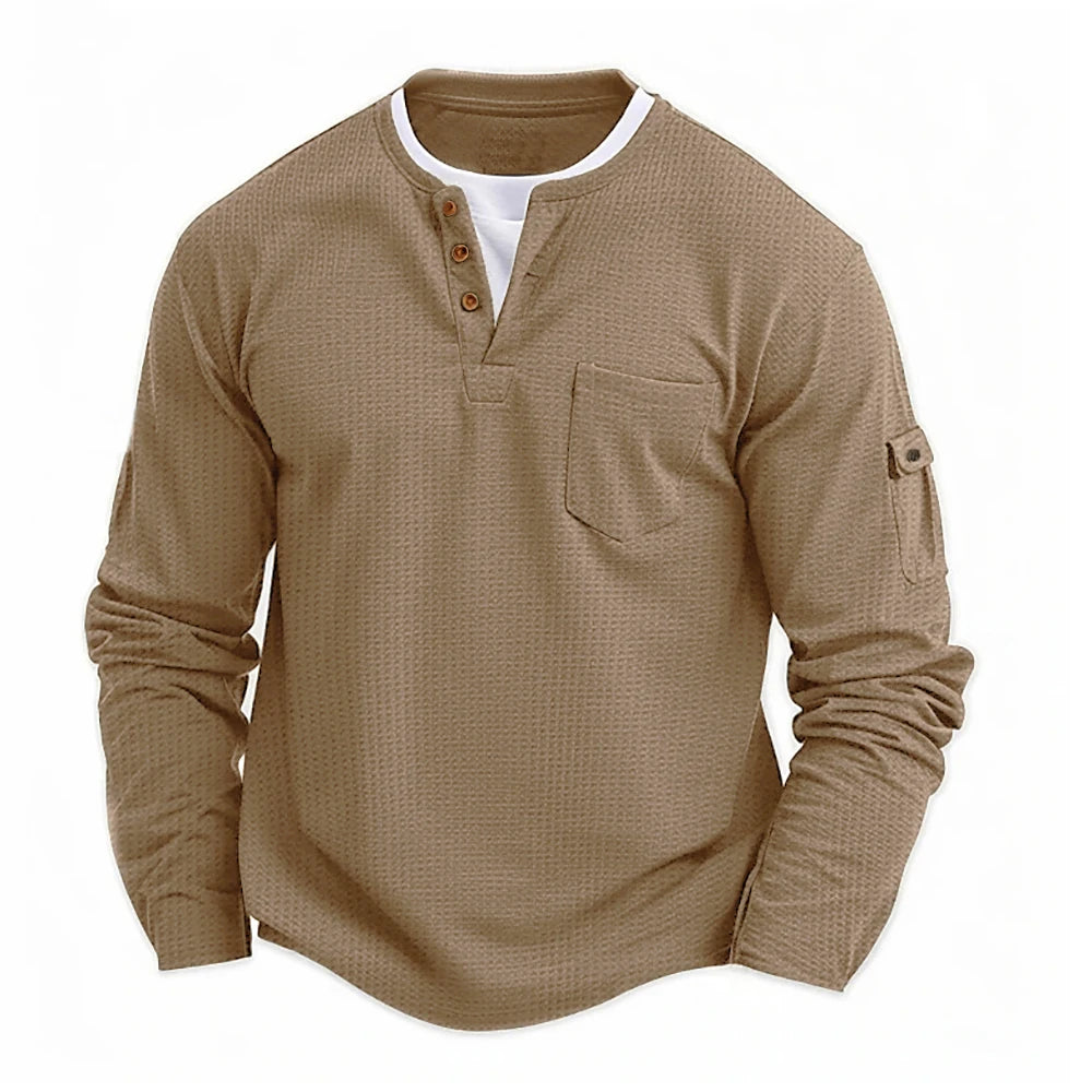 Men's New Henley Collar Shirt: Fake Two-Piece Waffle T-Shirt