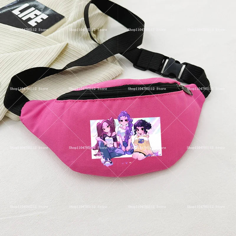 Pink waist bag with cartoon characters on a light gray background