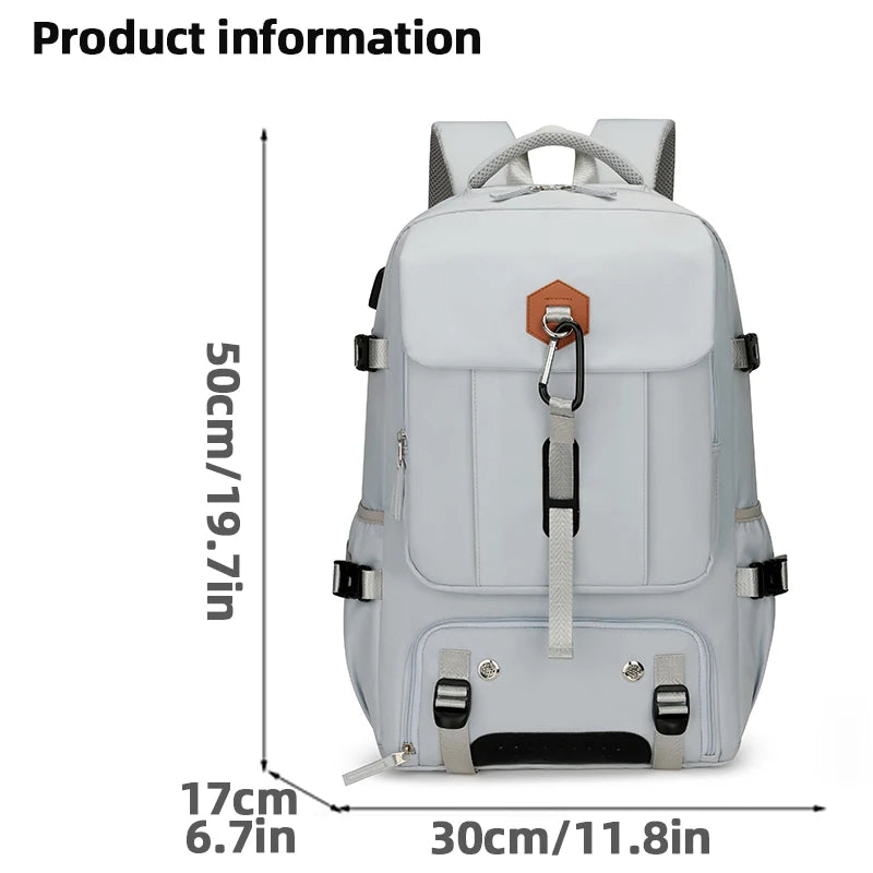 Gray backpack with dimensions indicated on a white background