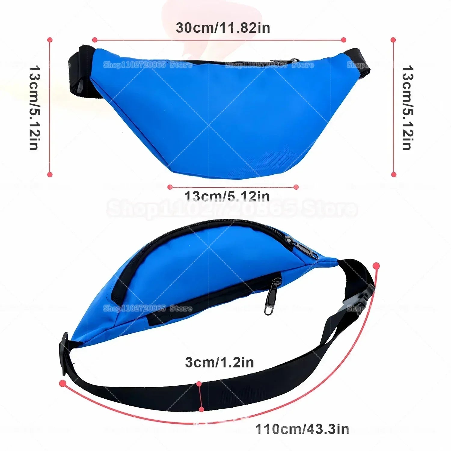Blue waist bag with black strap and measurements on a white background