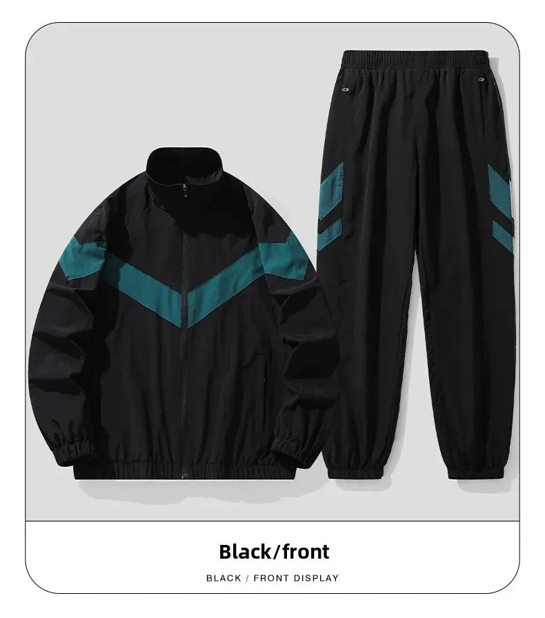 Black tracksuit with teal accents on a white background