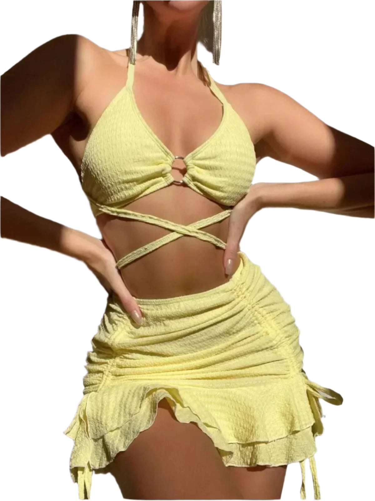 3PC Halter Ring Linked Criss Cross Swimsuit