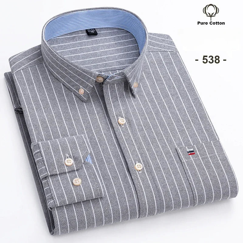 100% Cotton Oxford Men's Shirt - Plaid & Stripe Spring/Autumn Styles