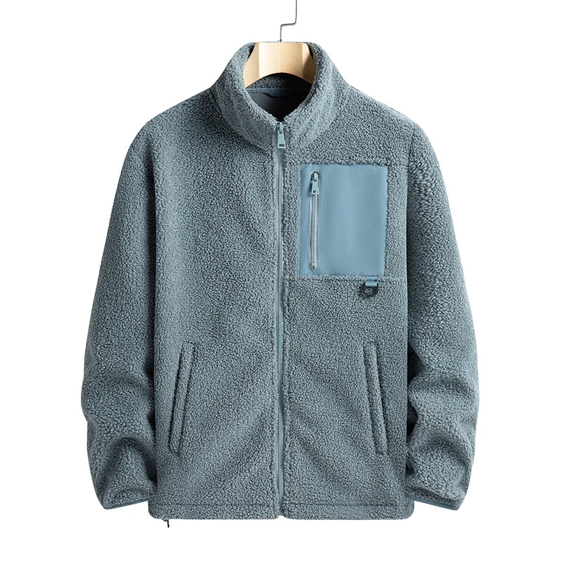 Gray fleece jacket with a front pocket on a white background