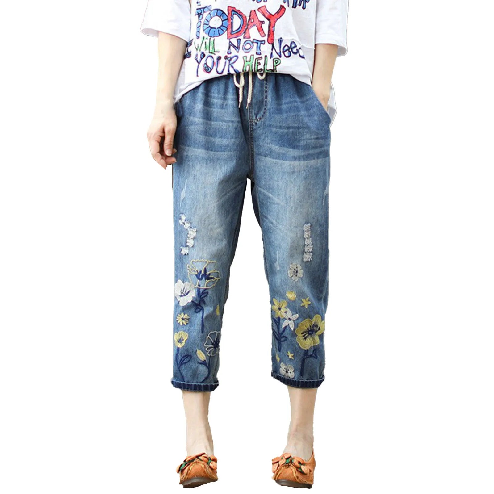 Women’s Elastic Waist Embroidered Denim Harem Pants – Casual Comfort Jeans