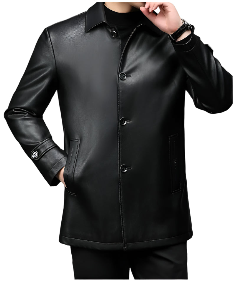 Classic Black Long Leather Jacket: Men's Warm Faux Fur Coat