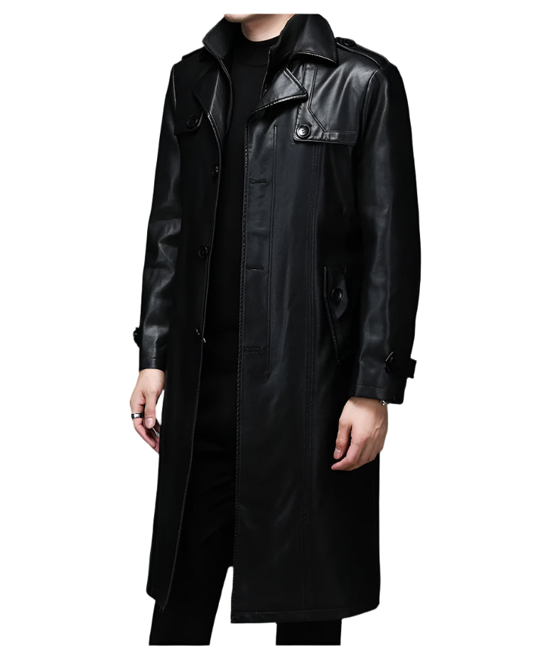 Men’s Long Leather Winter Coat – Warm Plush Lined Casual Trench Jacket