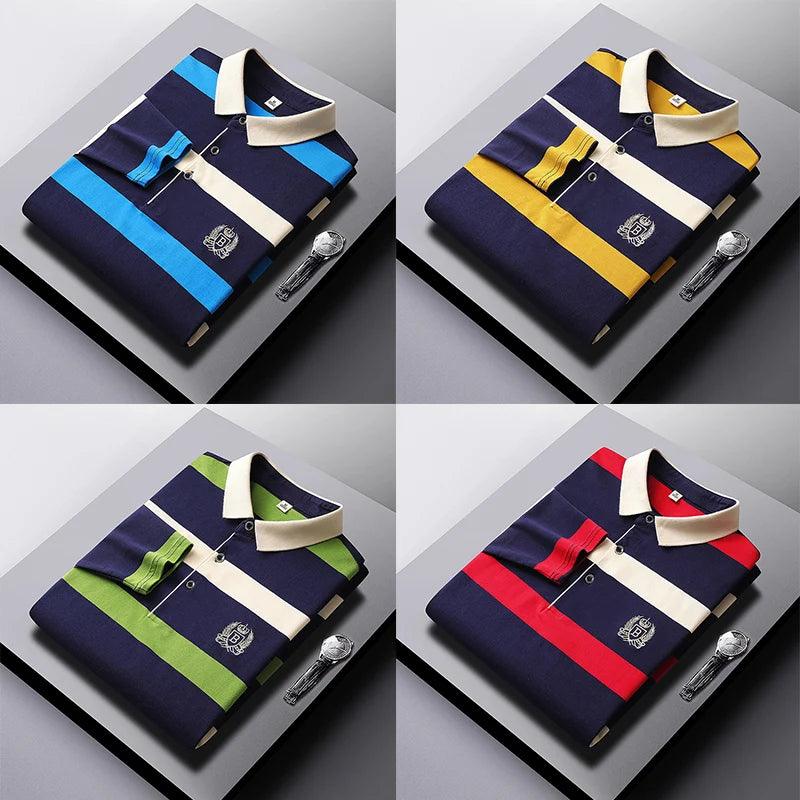 Men’s Cotton Long-Sleeve Striped Polo Shirt – Casual Business Fashion Sweater