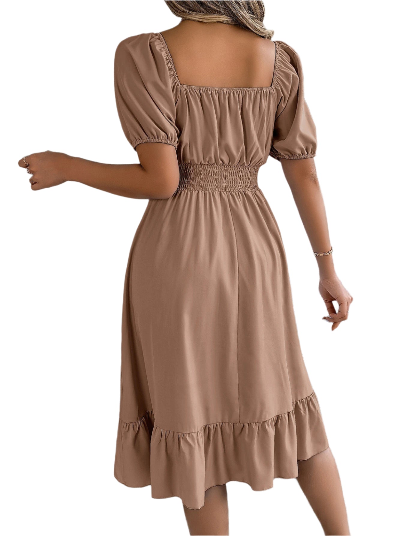 Elegant Square Neck Ruffled Dress – Spring Summer High Waist