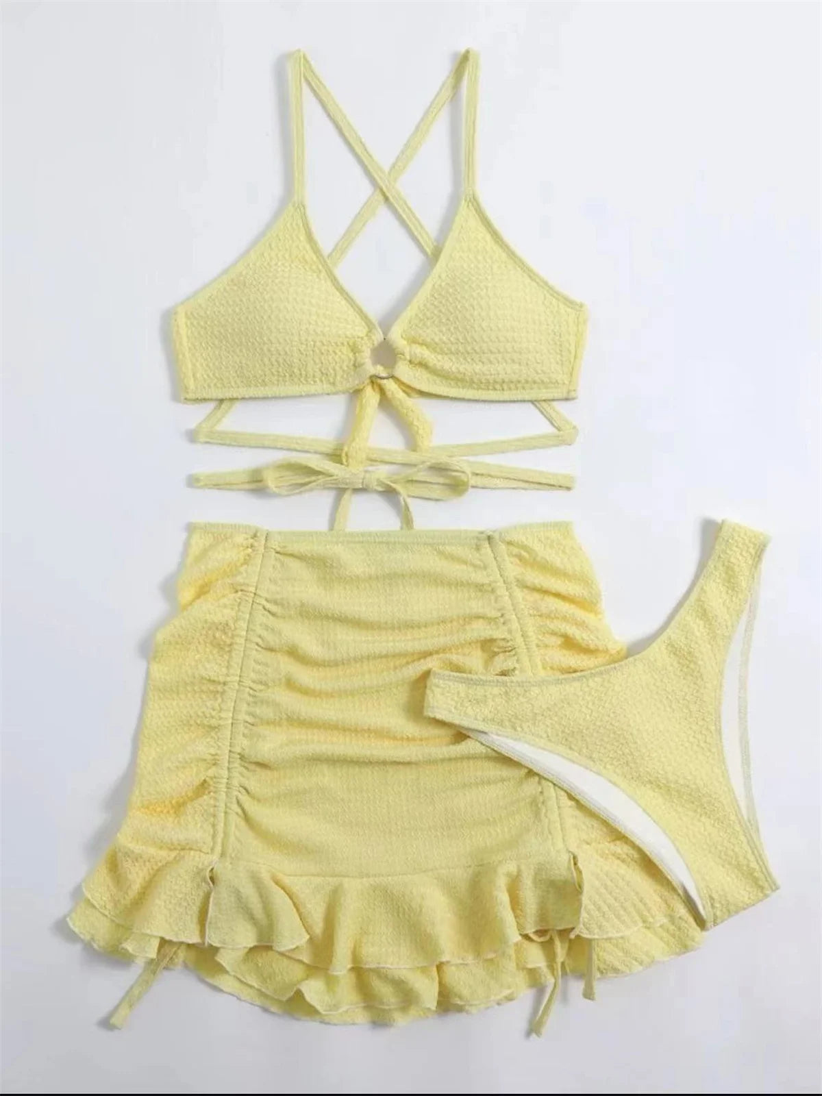 3PC Halter Ring Linked Criss Cross Swimsuit