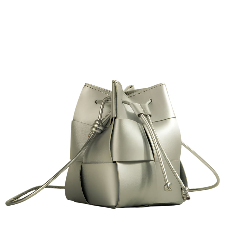 Small Woven Bucket Bag – Drawstring Designer Shoulder Handbag for Women