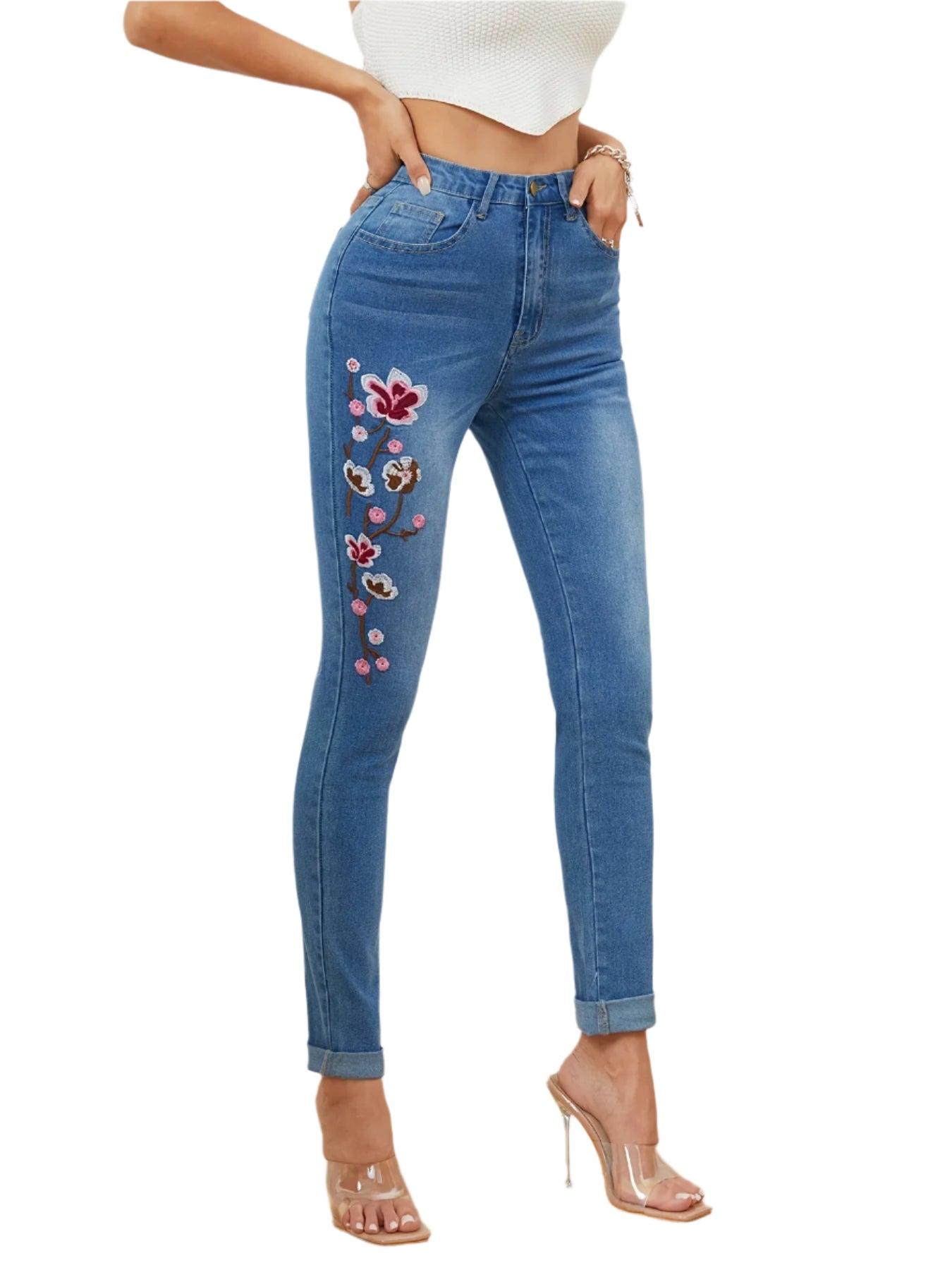 High Waist Embroidered Skinny Jeans | Stretch Denim Pencil Pants Women