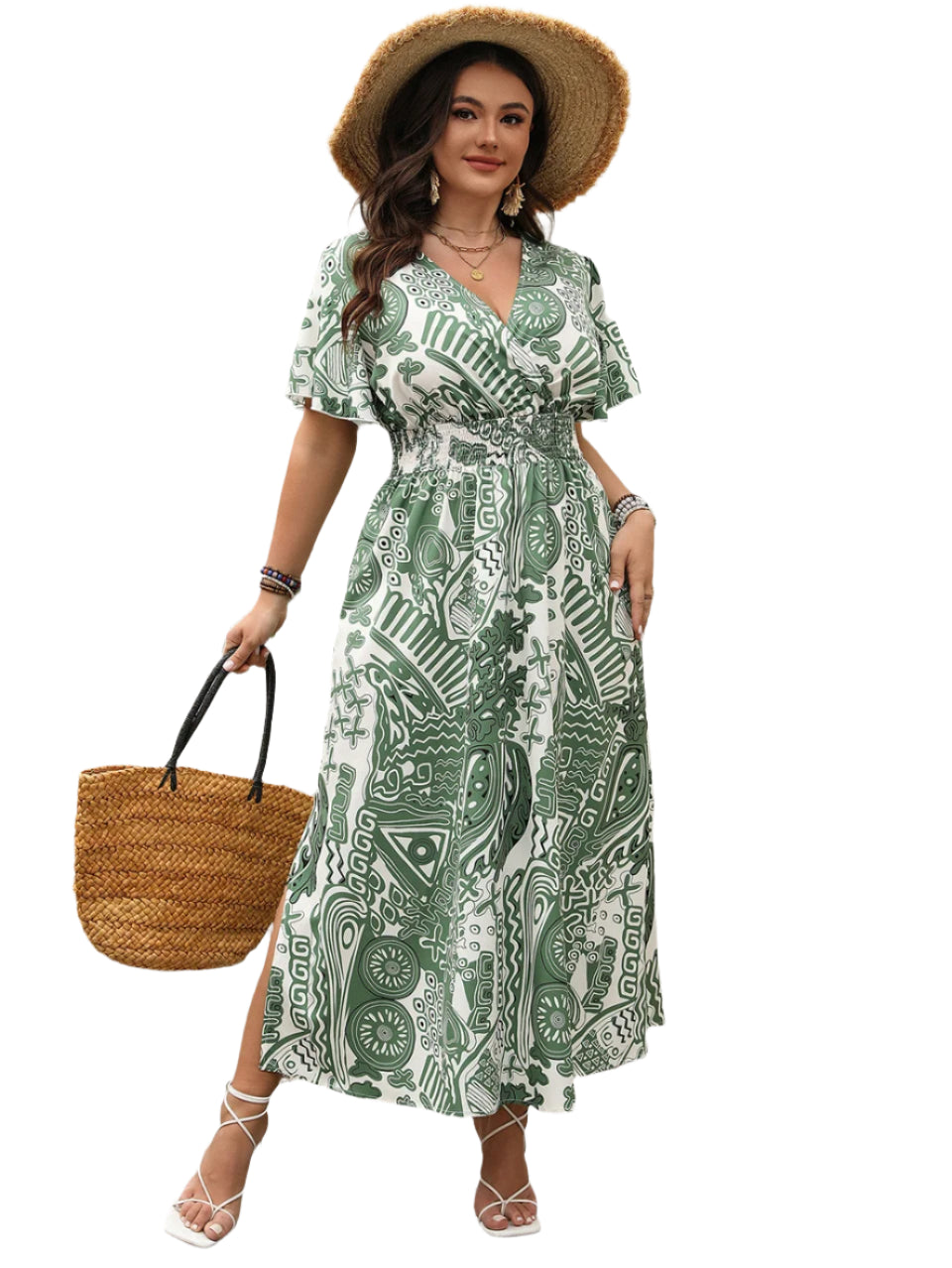 Plus Size Summer Beach Dress – Surplice Neck Print Maxi with Butterfly Sleeves