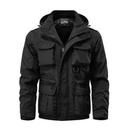 Black jacket with multiple pockets on a white background