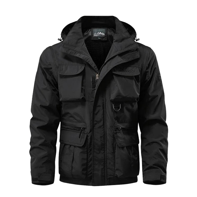Black jacket with multiple pockets on a white background
