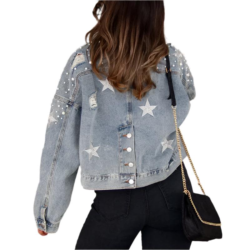 Vintage Casual Women's Bead Button Splicing Denim Jacket with Split Back Hem - JVMCL