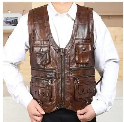 Men's Cowhide Genuine Leather Vest - Thick Motorcycle Biker Waistcoat