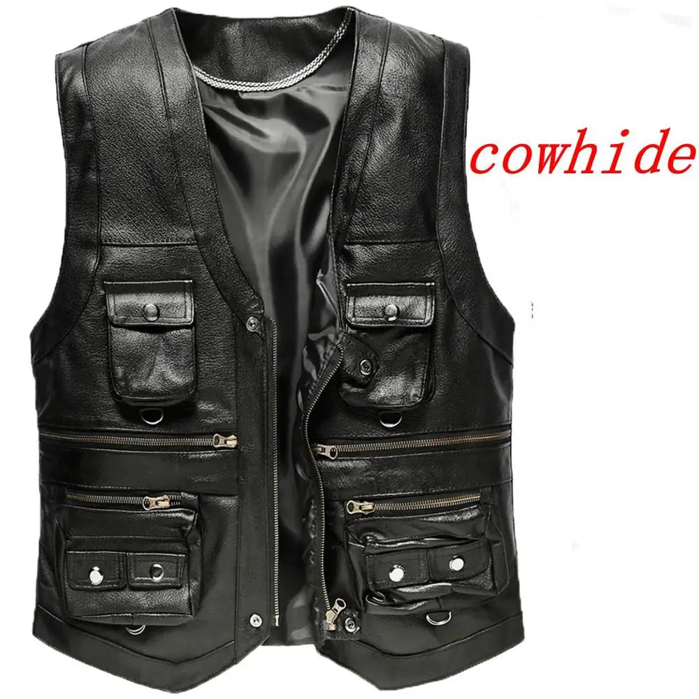 Men's Cowhide Genuine Leather Vest - Thick Motorcycle Biker Waistcoat
