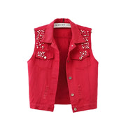 Colorful Beaded Denim Waistcoat – Women's Sleeveless Slim Fit Short Vest Jacket
