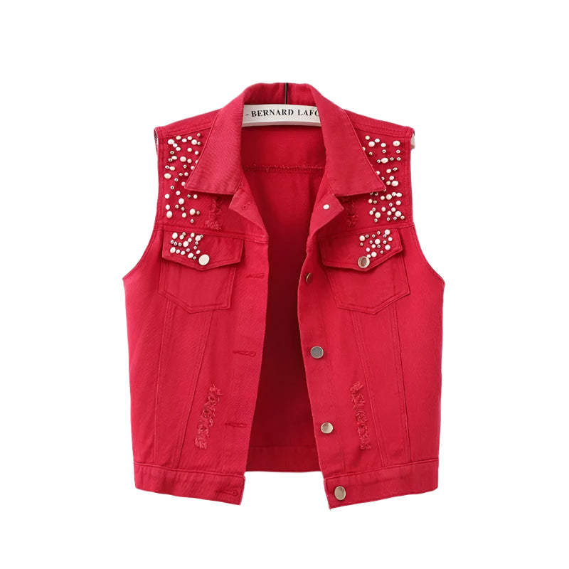 Colorful Beaded Denim Waistcoat – Women's Sleeveless Slim Fit Short Vest Jacket