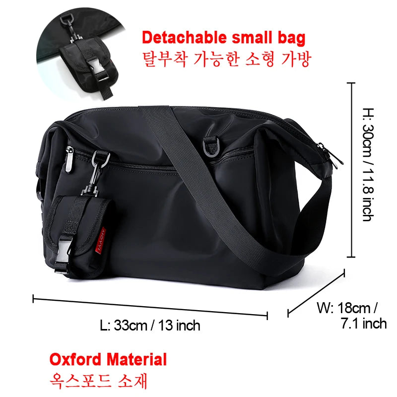 Black bag with detachable small bag feature, measurements, and material information on a white background.
