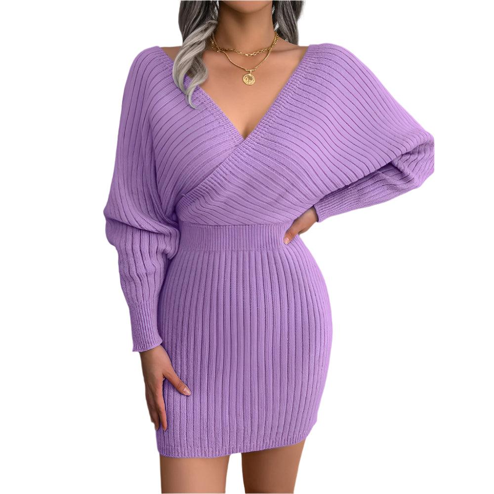 Autumn Winter V-Neck Knitted Wrap Dress – Slim Fit Mini for Casual Elegance - JVMCL