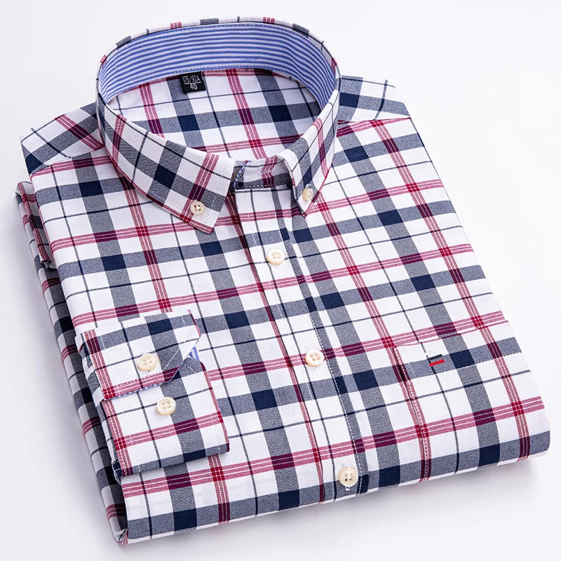 100% Cotton Oxford Men's Shirt - Plaid & Stripe Spring/Autumn Styles