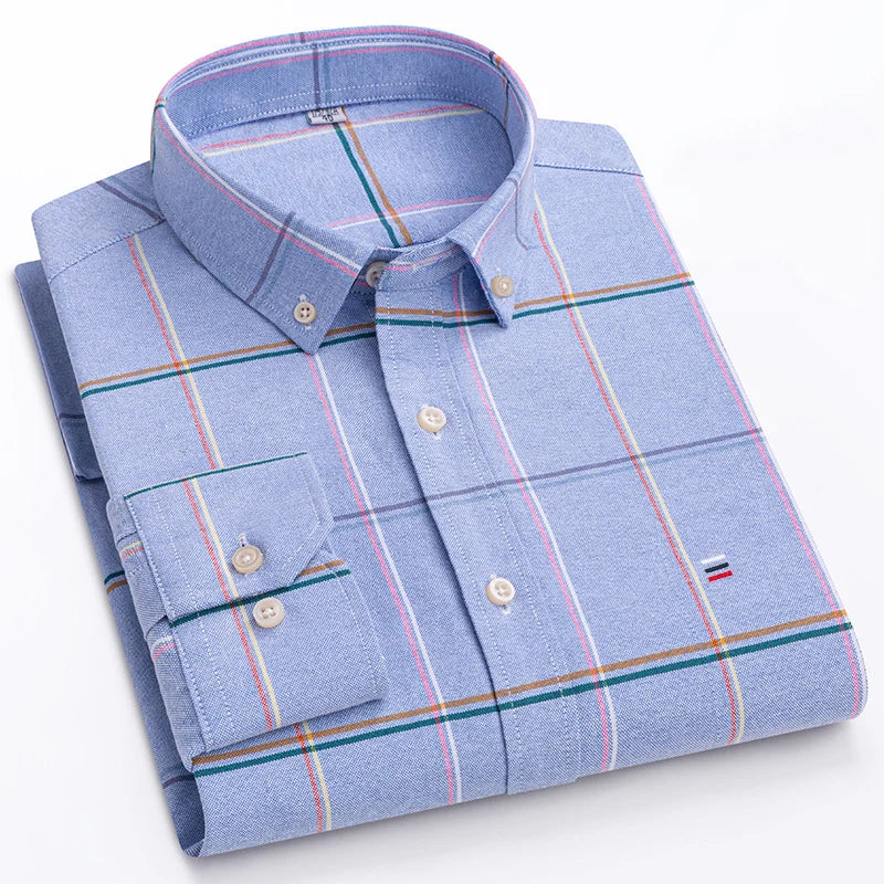 100% Cotton Oxford Men's Shirt - Plaid & Stripe Spring/Autumn Styles