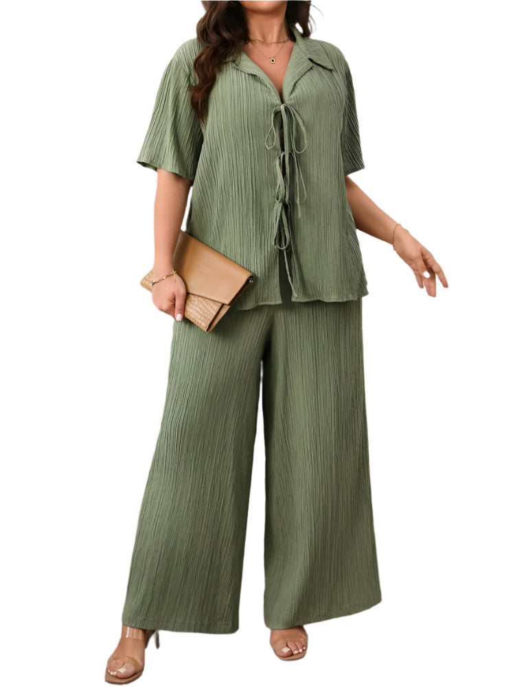 Plus Size 2PC Set - Loose Lace-Up Shirt & Wide Leg Pants Spring/Summer