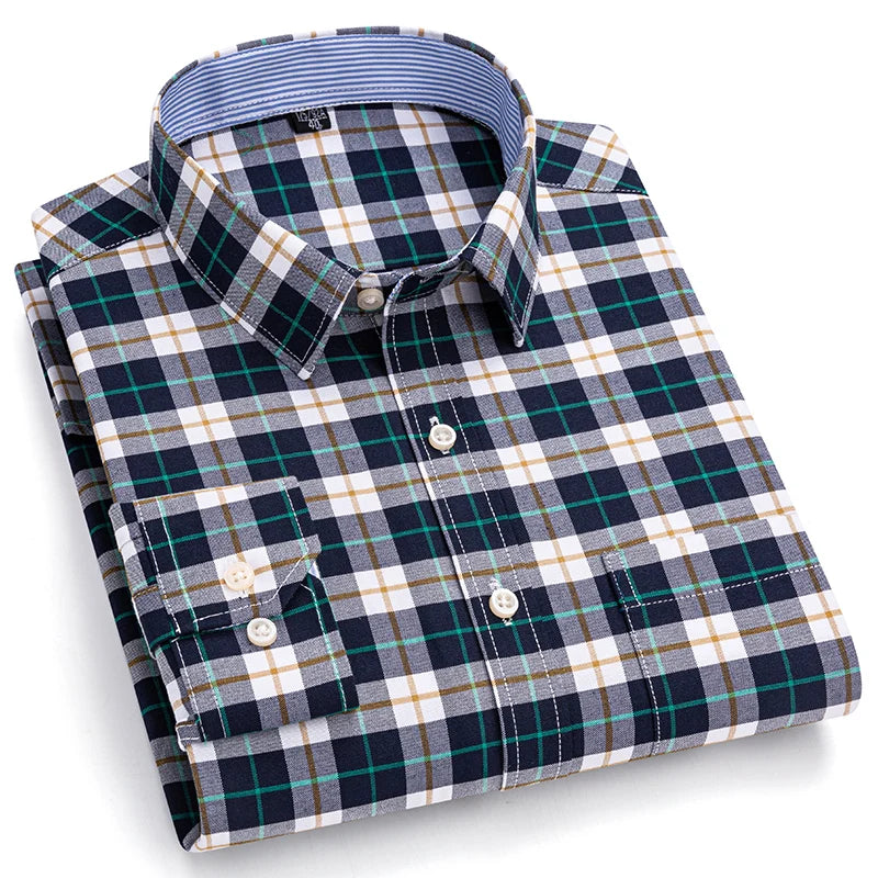 Men’s 100% Cotton Plaid Oxford Shirt – Smart Casual Plus Size 7XL
