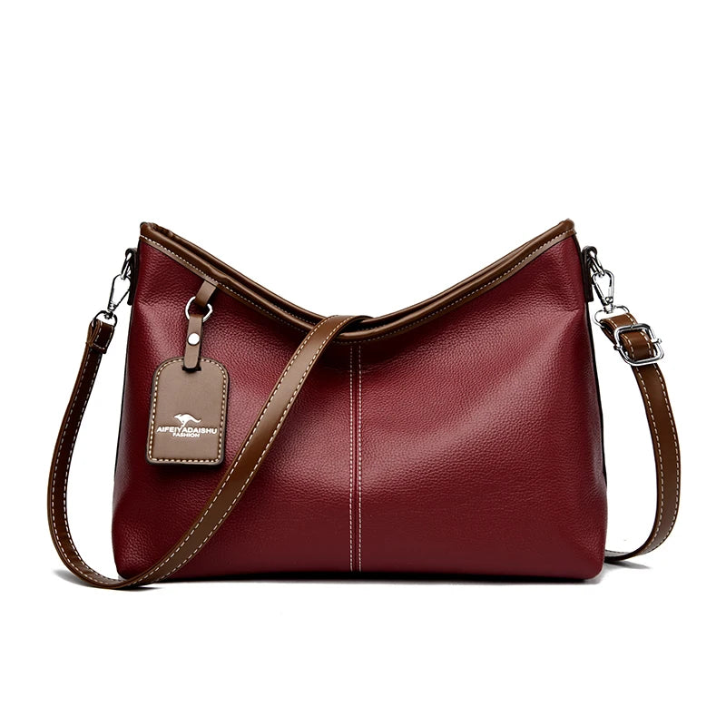Soft PU Leather Shoulder Bag - Color Contrast Crossbody Tote for Women
