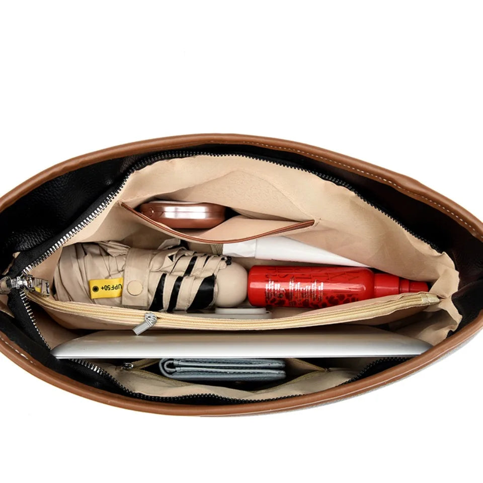 Soft PU Leather Shoulder Bag - Color Contrast Crossbody Tote for Women