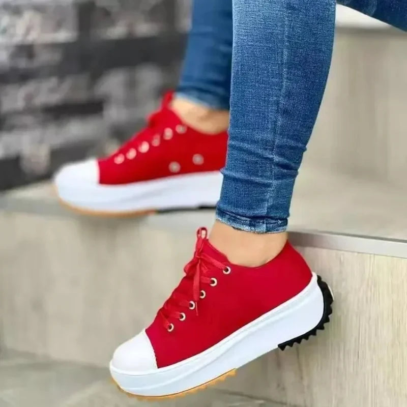 Women’s White Canvas Platform Sneakers – Casual Fashion Tennis Shoes