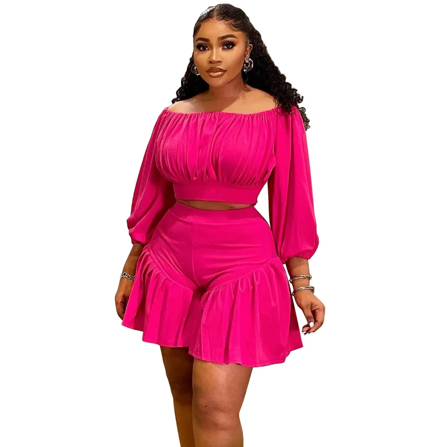 Plus Size Women's Summer Set: Long Sleeve Slash Neck Top & Ruched Shorts