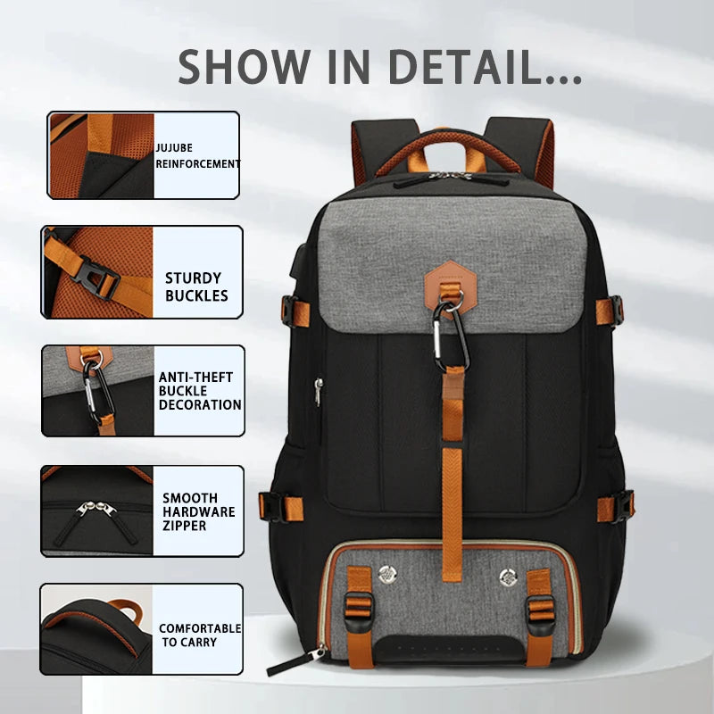 Backpack with features highlighted on a gray background