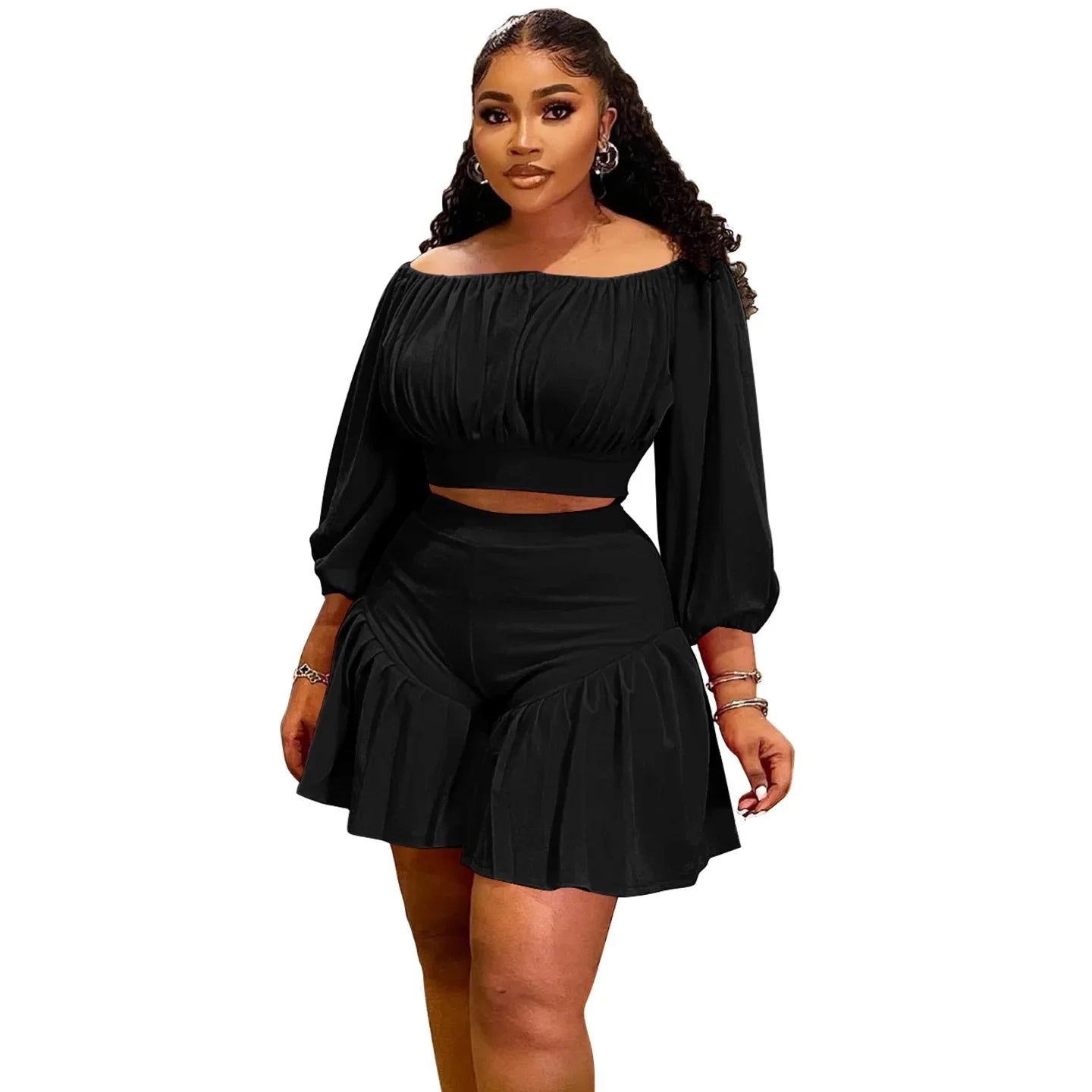 Plus Size Women's Summer Set: Long Sleeve Slash Neck Top & Ruched Shorts