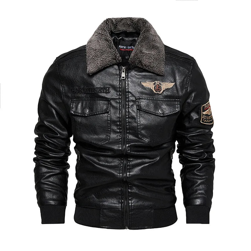 Retro Fur Collar Warm Men's Fleece Lined PU Leather Jacket Coat