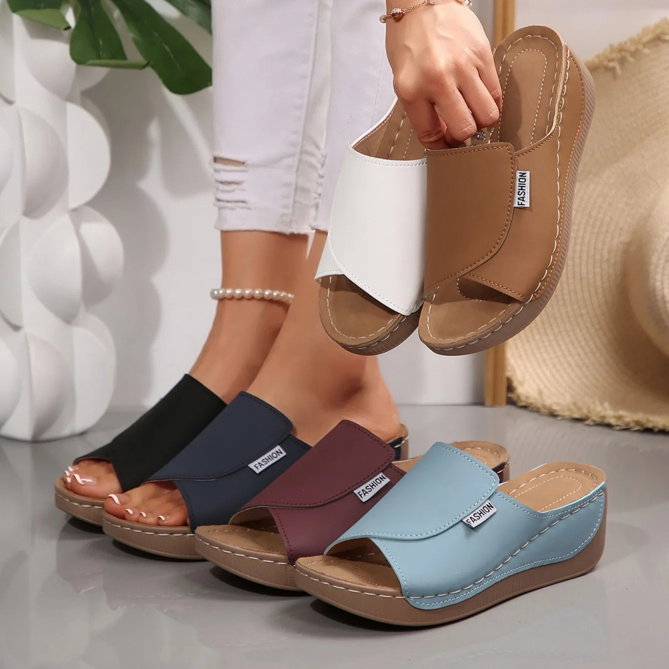 Women's Summer Wedge Slippers - Open Toe Breathable Buckle Sandals