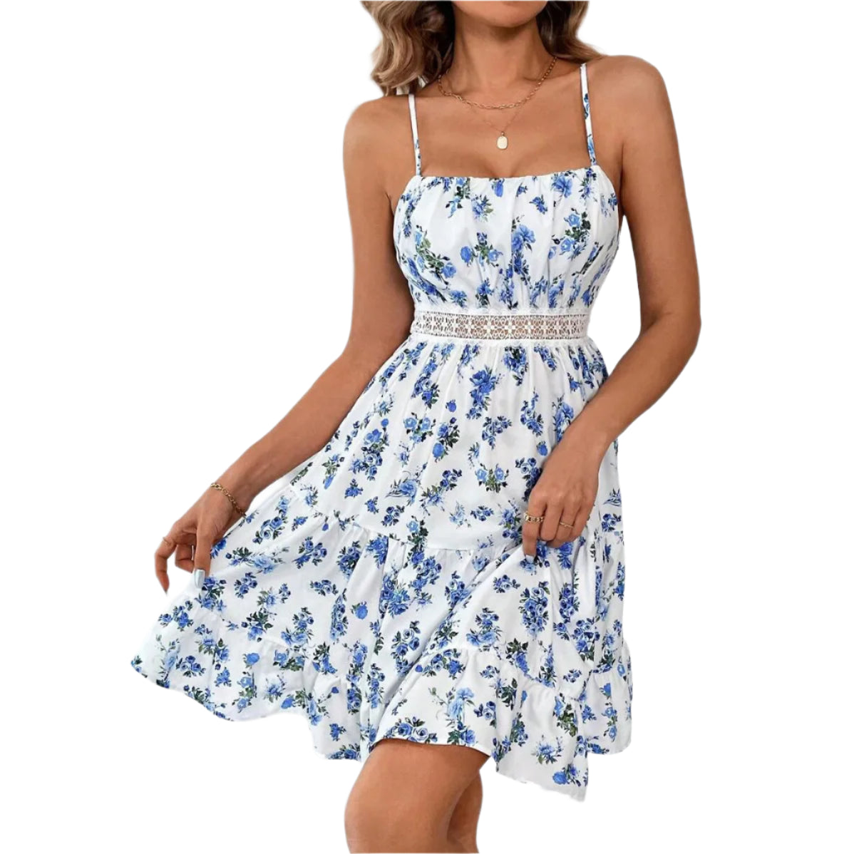 Women's Floral Print Lace Trim Mini Dress – Adjustable Straps Summer Fashion