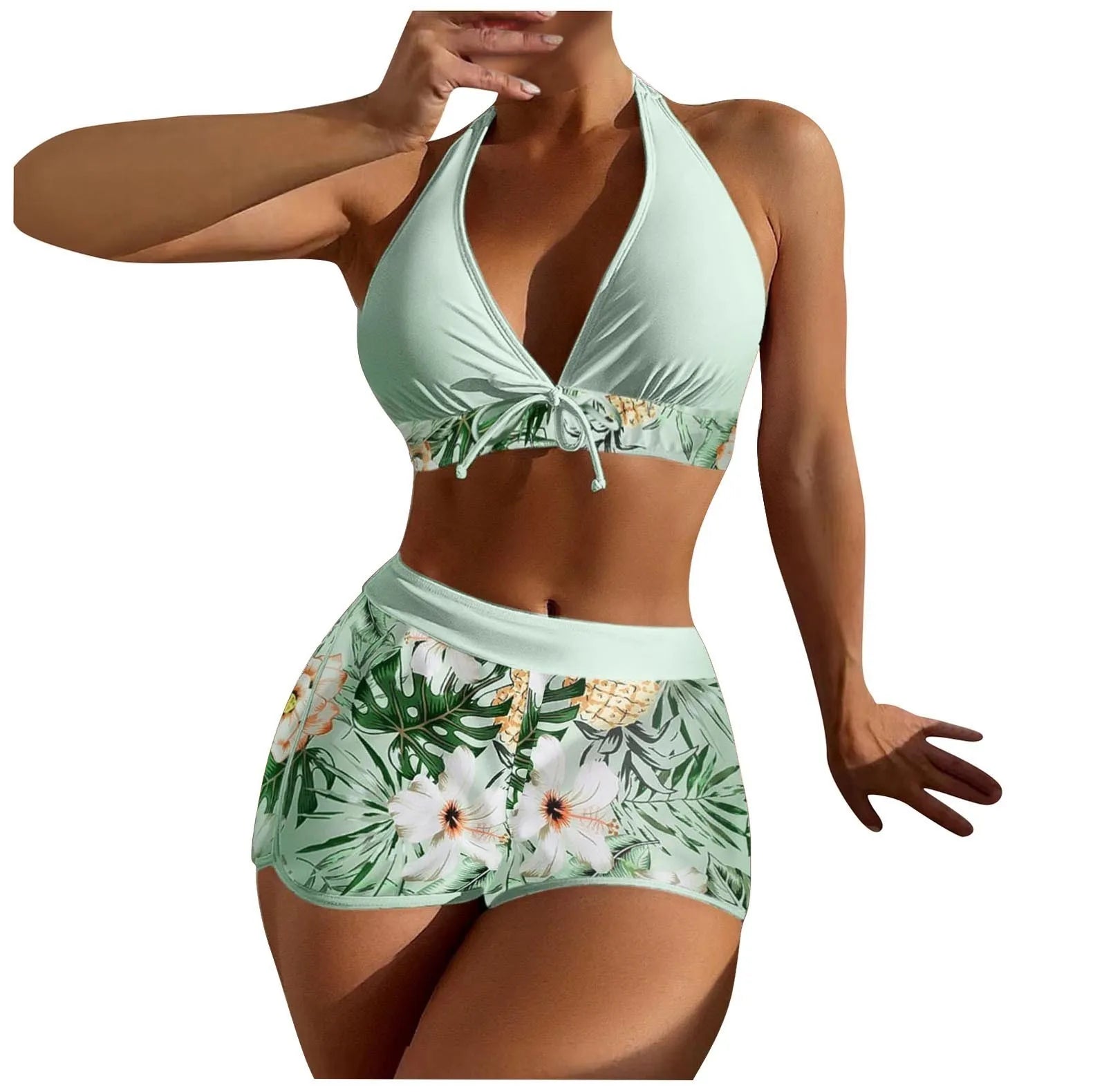 High Waist Plant Print Bikini Set – 2-Piece Swimwear for Women