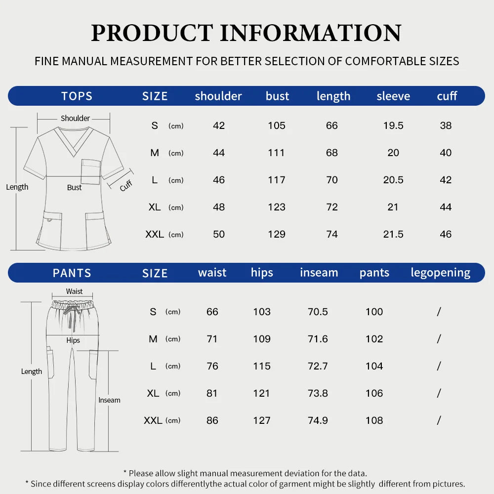 Unisex Medical Scrubs Set: Short Sleeve V-Neck Top & Pants Workwear Chart