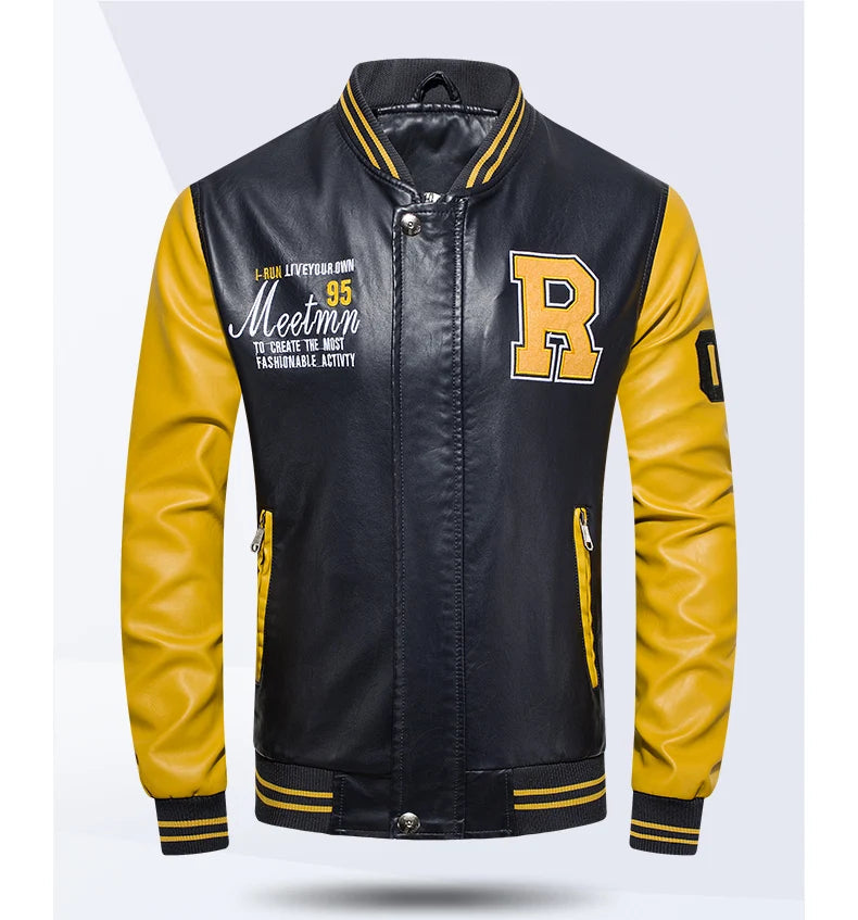 Men's Embroidered PU Leather Jacket: Fleece Lined Winter Coat